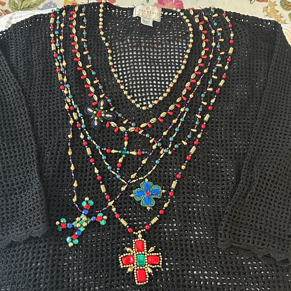 Vintage Express Tricot Beaded Sweater Black Embellished 80s 90s Statement